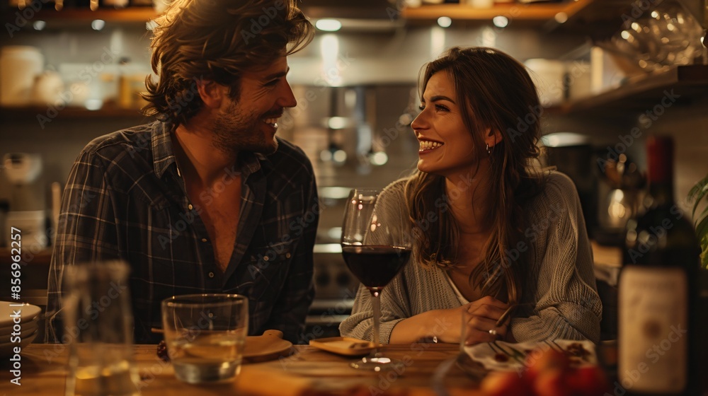 a young couple enjoying a glass of wine in the kitchen a young couple enjoying a glass of wine in the kitchen