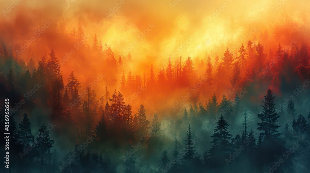 forest shrouded in mist with vibrant, warm colors blending in the sky, creating a mesmerizing and tranquil natural scenery.