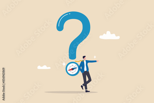 Open ended question, asking questions to encourage new idea, guidance for solution or solving problem, decision to reply or answer concept, businessman with question mark compass guidance for answer.