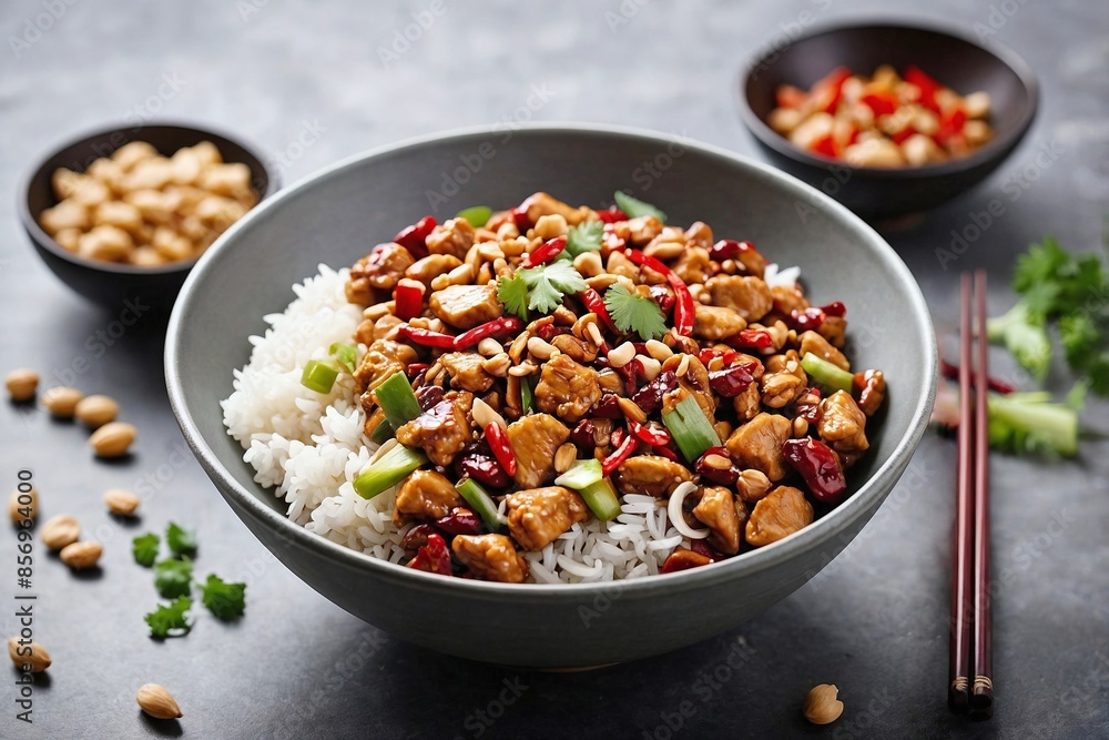 Chinese Cuisine Kung Pao Chicken Bowl: an overhead view of a bowl of Kung Pao Chicken. Chinese Cuisine Kung Pao Chicken Bowl: an overhead view of a bowl of Kung Pao Chicken.