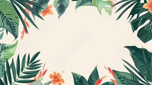 A vibrant collection of various tropical leaves and flowers shapes a natural border. The lush greenery and lively floral elements invoke a sense of exotic paradise and natural beauty.