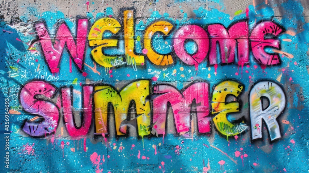 Fototapeta premium vibrant graffiti artwork on a wall, spelling out 'Welcome Summer' in large, colorful letters against a blue background. Perfect for summer-themed content.