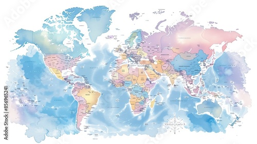 Fototapeta Naklejka Na Ścianę i Meble -  Colorful world map in watercolor style. Abstract pastel hues depicting global geography. Artistic illustration of Earth continents. Ideal for educational and decorative purposes. AI
