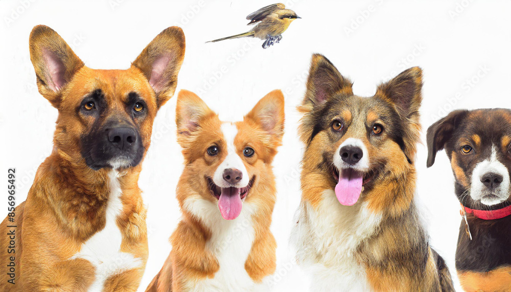 Collage made of different purebred dogs looking against white studio background. Smart, beautiful pets. Concept of animal theme, care, pet friend, vet, doggie lifestyle Collage made of different purebred dogs looking against white studio background. Smart, beautiful pets. Concept of animal theme, care, pet friend, vet, doggie lifestyle