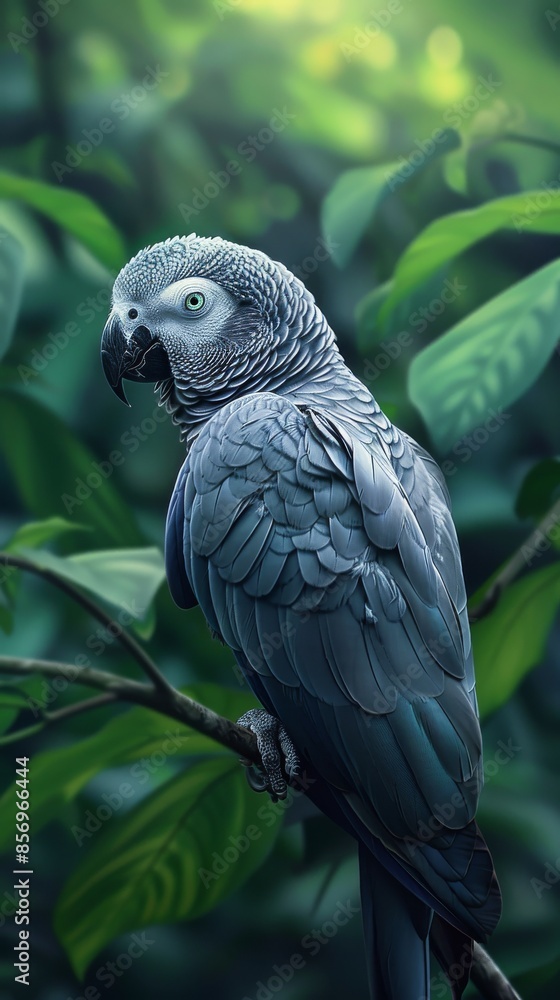 Gray parrot perched on a branch in lush green rainforest, detailed feathers. Wildlife and nature photography concept Gray parrot perched on a branch in lush green rainforest, detailed feathers. Wildlife and nature photography concept