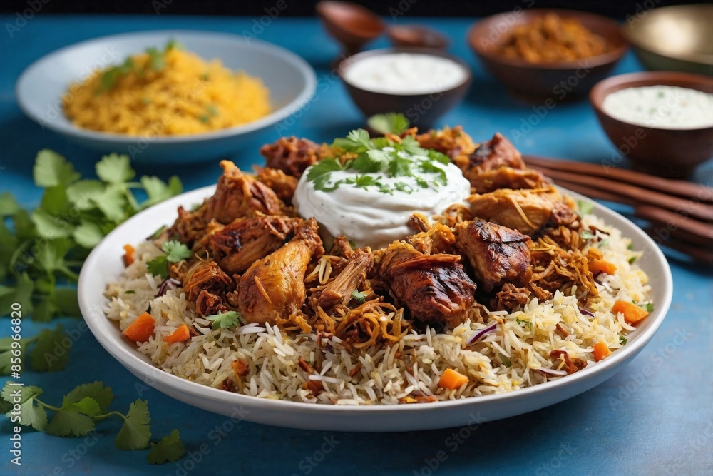 Indian Cuisine Biryani Platter: an overhead view of a minimalist biryani platter. Indian Cuisine Biryani Platter: an overhead view of a minimalist biryani platter.