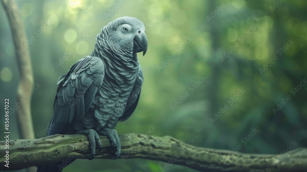 Grey parrot perched on a branch in a lush green forest, detailed feathers. Wildlife and nature photography concept