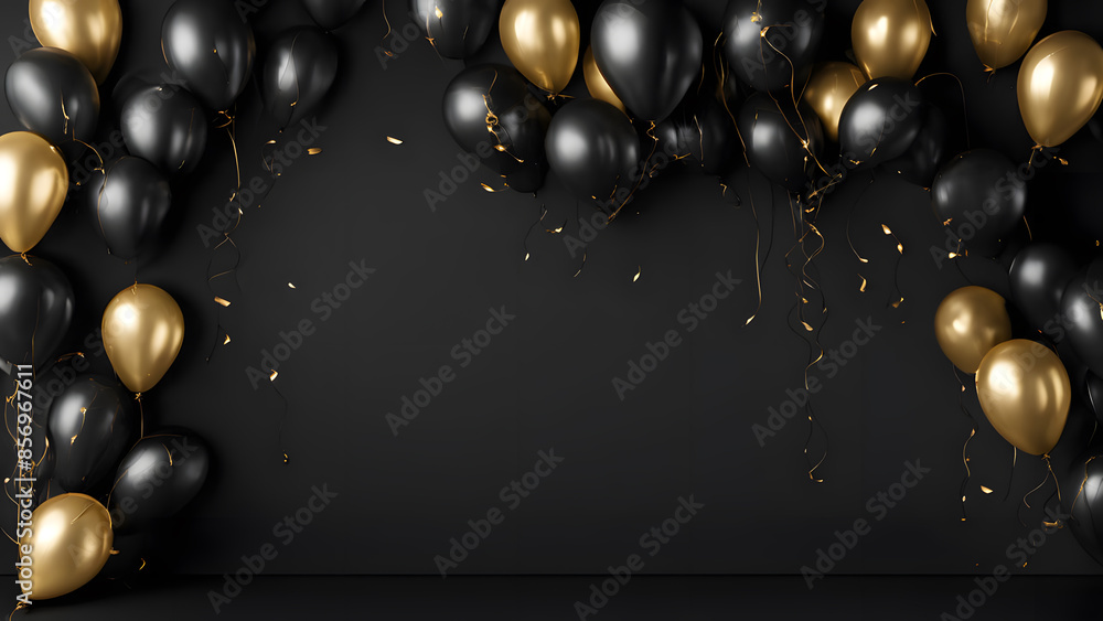 Naklejka premium A black and gold balloon arch with gold balloons on the left