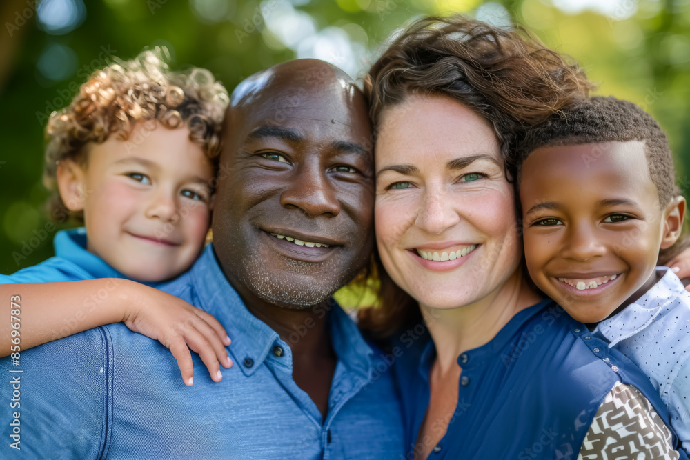 Portrait of a diverse family, parents and kids smiling and hugging in a green park Portrait of a diverse family, parents and kids smiling and hugging in a green park