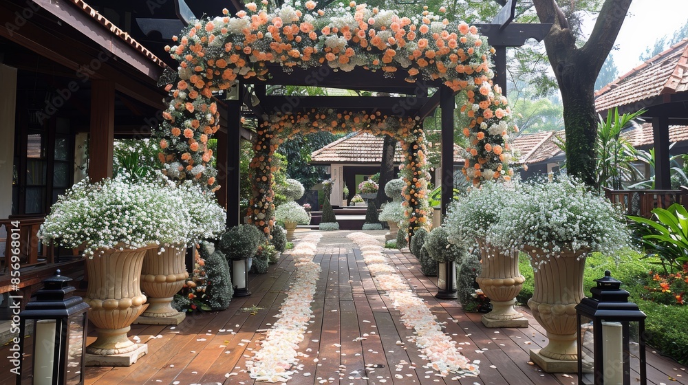 Fototapeta premium This beautifully decorated outdoor pathway is lined with flowers and plants.