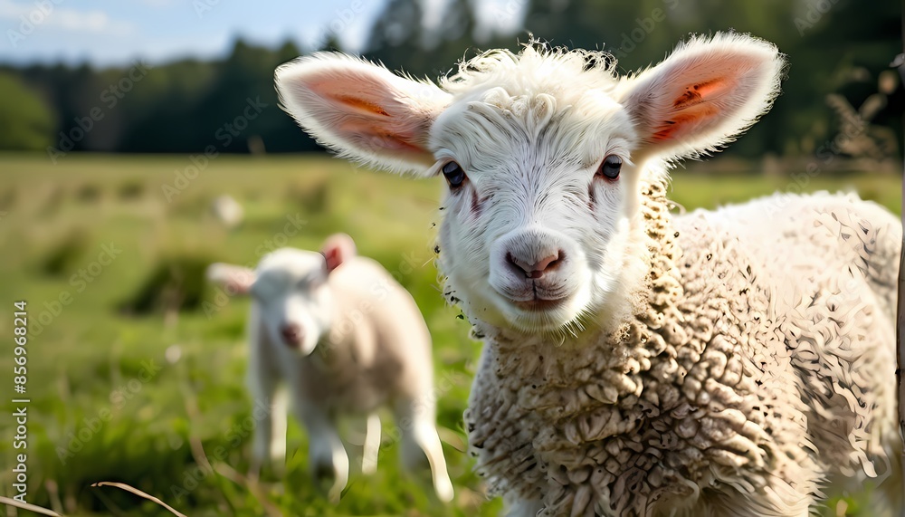Obraz premium White lamb in field, Ai Generated