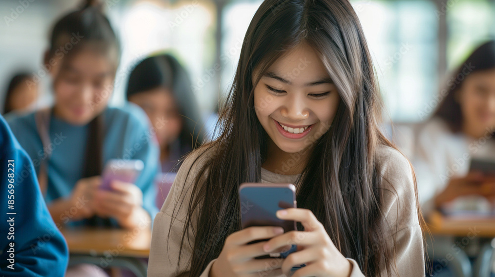 A girl is smiling while looking at her cell phone A girl is smiling while looking at her cell phone