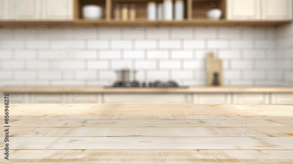 A kitchen with a wooden countertop and white tile backsplash A kitchen with a wooden countertop and white tile backsplash