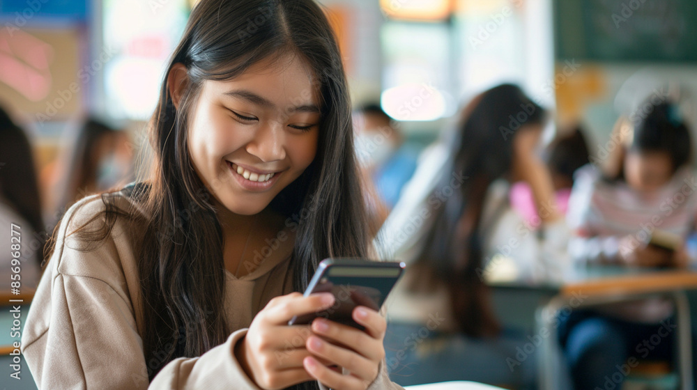 A girl is smiling while looking at her cell phone A girl is smiling while looking at her cell phone