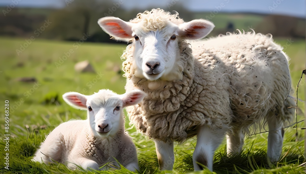 White lamb with mother in field, AI Generated White lamb with mother in field, AI Generated
