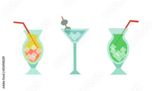 Set of glass goblets with summer cocktails and ice with straws, refreshing cool alcoholic and non-alcoholic drinks - vector flat illustration for stickers, design, cards.