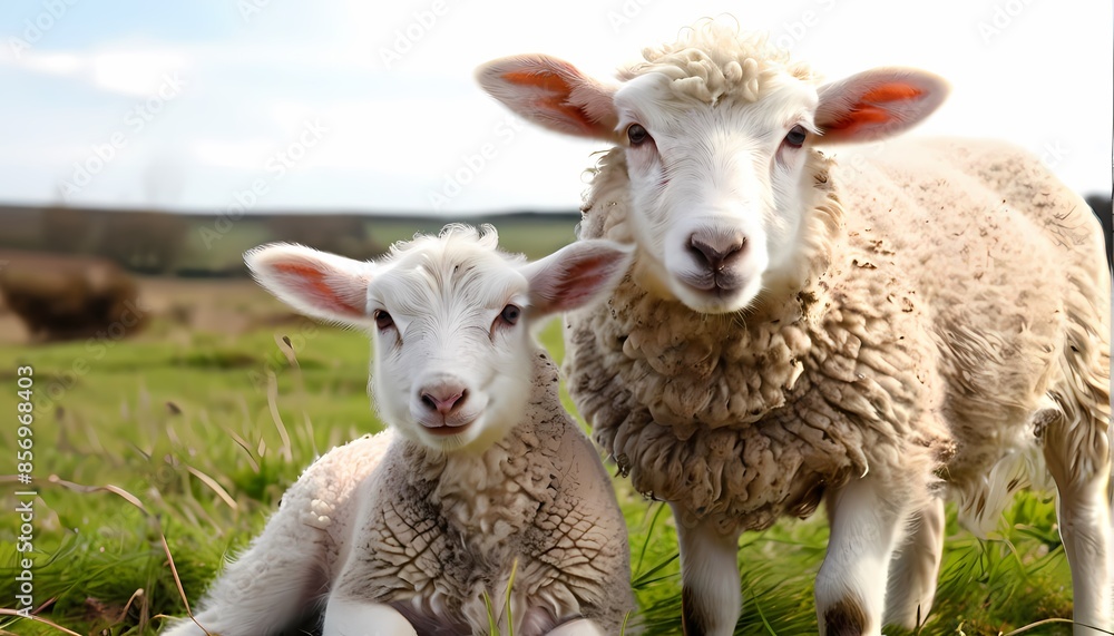 White lamb with mother in field, AI Generated White lamb with mother in field, AI Generated