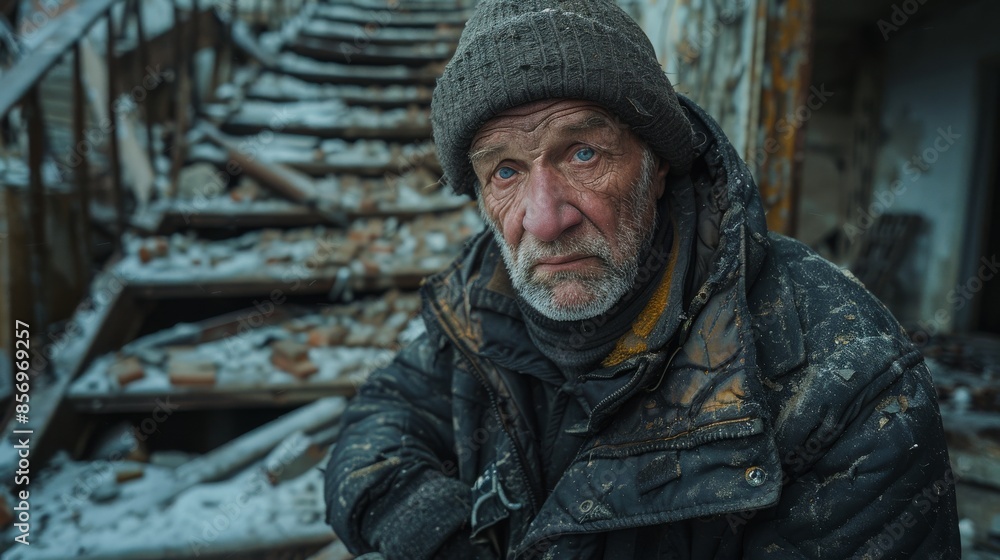 Obraz premium An elderly man bundled in winter attire sits against a backdrop of a snowy, ruined building, looking determined and resilient despite the harsh conditions and dilapidated surroundings.