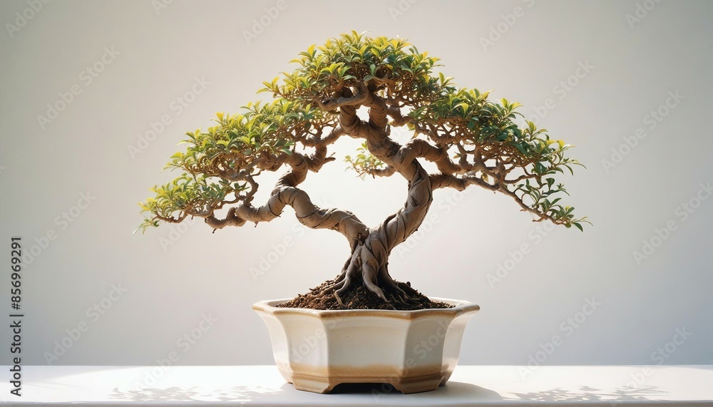 Close-up of a small, meticulously pruned bonsai tree with twisted, gnarled branches emerging from a simple ceramic pot, set against a clean, bright white background with ample negative space for text Close-up of a small, meticulously pruned bonsai tree with twisted, gnarled branches emerging from a simple ceramic pot, set against a clean, bright white background with ample negative space for text