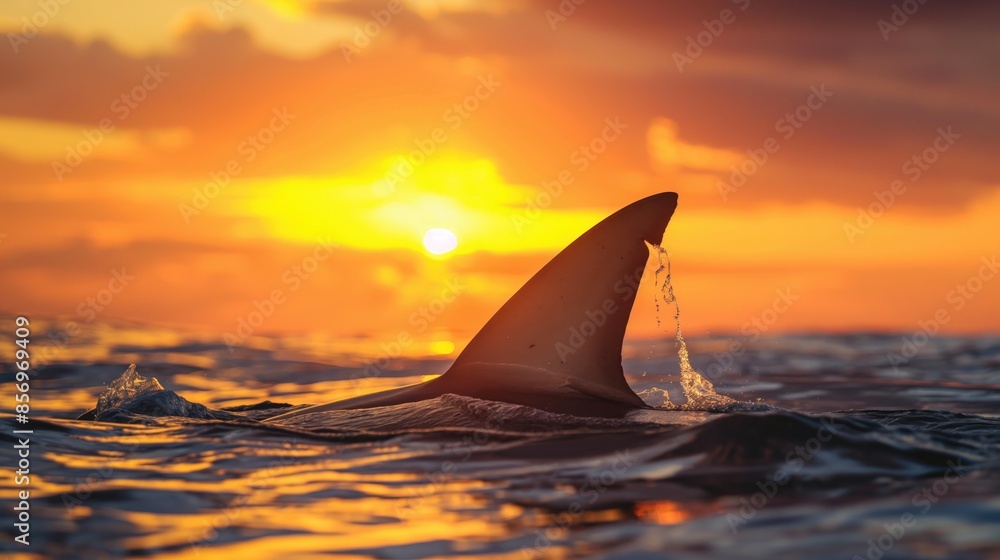 Fototapeta premium Shark fin above ocean water at sunset. Wildlife concept