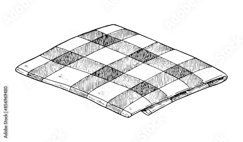 Napkin Vector hand drawn illustration. Kitchen gingham tablecloth. Vintage white and black line art drawing on background. Clipart of cloth for graphic design. Folded plaid fabric sketch