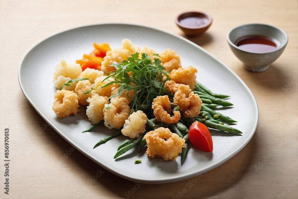 Japanese Cuisine Tempura Assortment: an overhead shot of a minimalist tempura assortment. Japanese Cuisine Tempura Assortment: an overhead shot of a minimalist tempura assortment.
