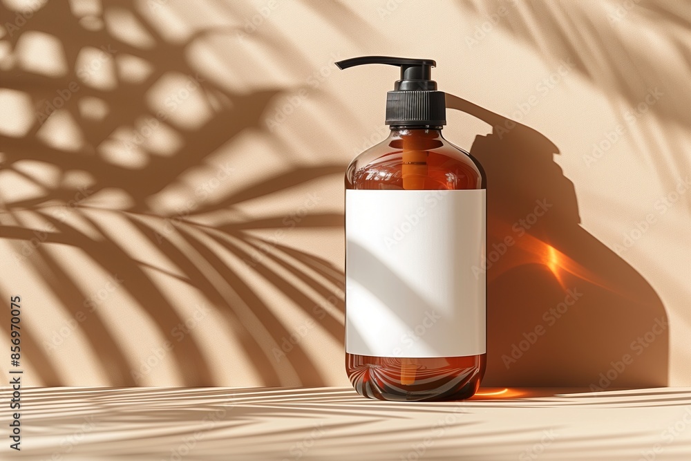 Amber pump bottle with blank label on beige background with palm leaf shadows, natural skincare product mockup
Amber pump bottle with blank label on beige background with palm leaf shadows, natural skincare product mockup