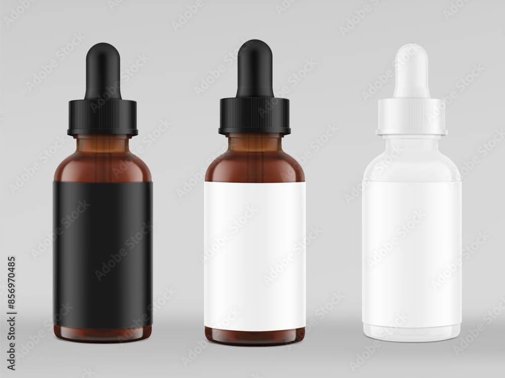 Realistic dropper bottle mockups isolated on grey background. Vector illustration. Сan be used for cosmetic, medical and other needs. EPS10. Realistic dropper bottle mockups isolated on grey background. Vector illustration. Сan be used for cosmetic, medical and other needs. EPS10.