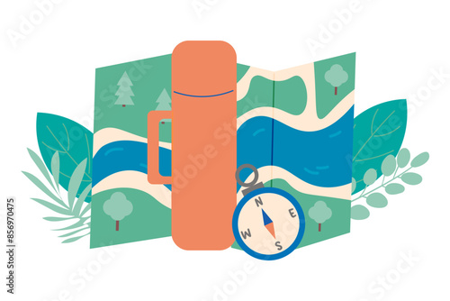 the concept of ecotourism, expedition, journey and camp. Vector illustration.
