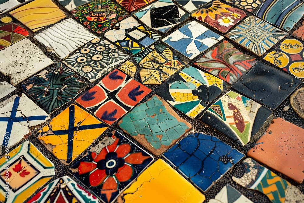 A close-up view of a colorful mosaic walkway composed of numerous small, intricately designed tiles. Generative AI A close-up view of a colorful mosaic walkway composed of numerous small, intricately designed tiles. Generative AI