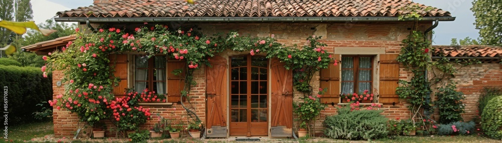 Quaint farmhouse with wooden shutters, terracotta roof tiles, and colorful climbing roses, capturing the essence of rural elegance