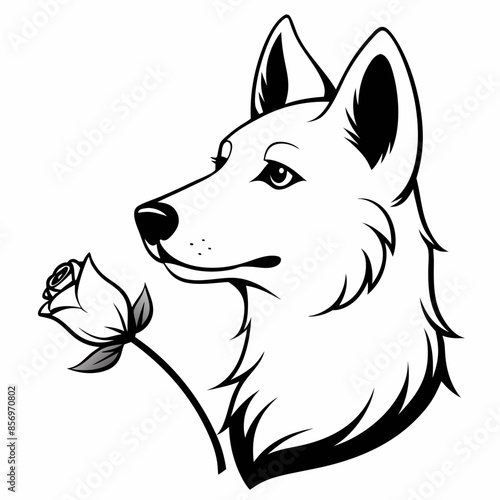 German shepherd smells a white rose flower  vector