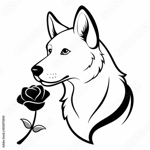 German shepherd smells a white rose flower  vector