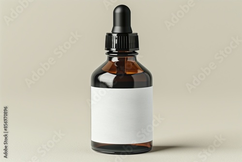 Amber dropper bottle with blank white label on a beige background, essential oils and skincare product mockup 