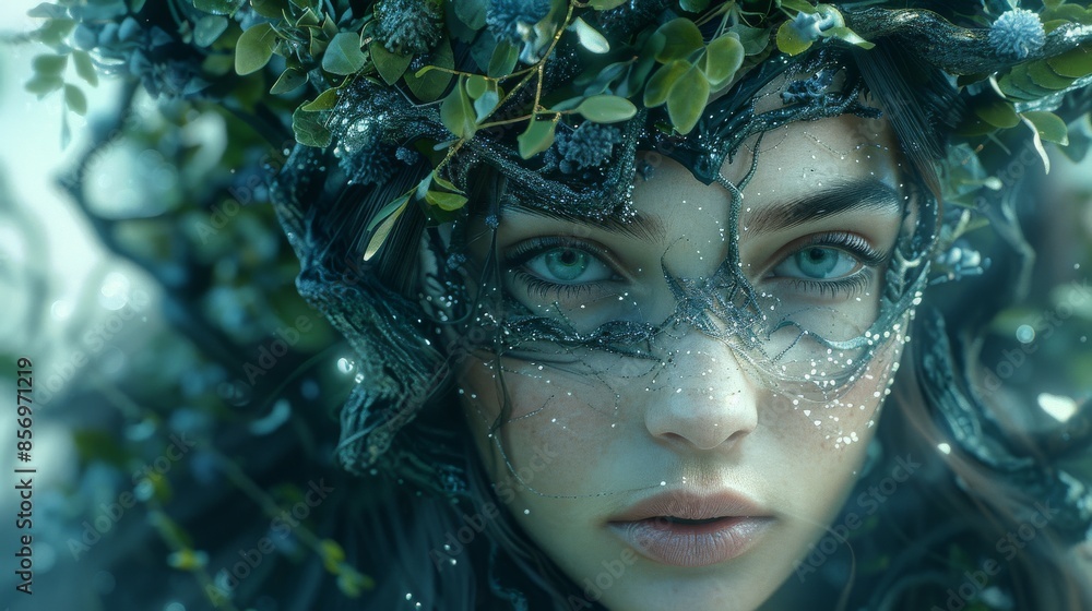 A fairy-like figure adorned with blue and green makeup surrounded by foliage, her eyes piercing through an intricate design, exuding an aura of natural beauty and majesty. A fairy-like figure adorned with blue and green makeup surrounded by foliage, her eyes piercing through an intricate design, exuding an aura of natural beauty and majesty.
