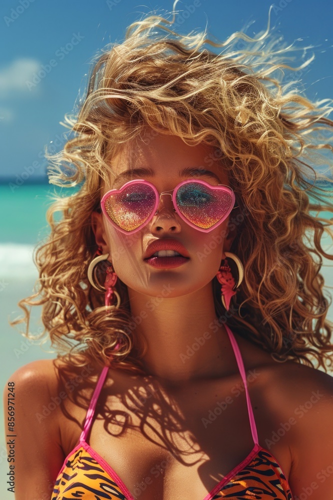 Young woman in a tiger print bikini, sporting pink heart-shaped sunglasses and glamorous earrings, her curly hair blowing in the wind as she enjoys the sunny beach. Young woman in a tiger print bikini, sporting pink heart-shaped sunglasses and glamorous earrings, her curly hair blowing in the wind as she enjoys the sunny beach.