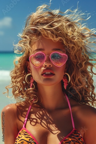 Young woman in a tiger print bikini, sporting pink heart-shaped sunglasses and glamorous earrings, her curly hair blowing in the wind as she enjoys the sunny beach. © Glittering Humanity