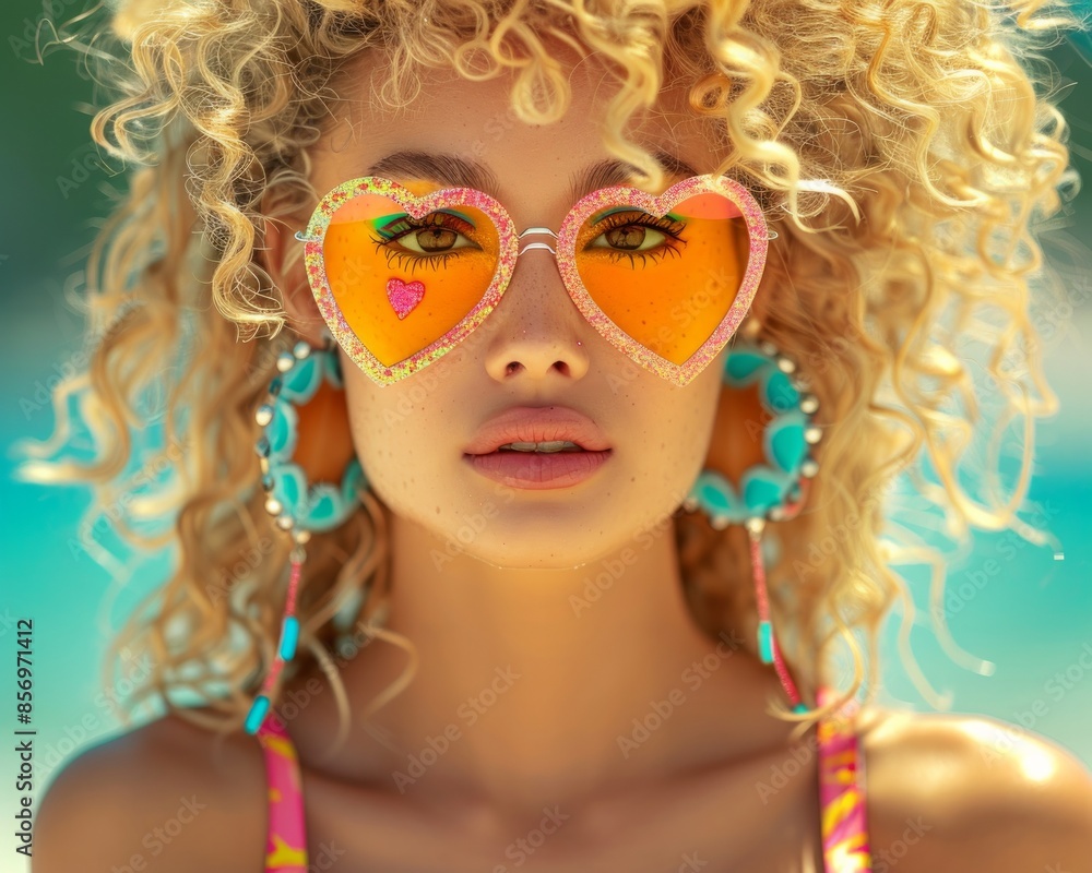 Fototapeta premium A woman wearing orange heart-shaped sunglasses with blue earrings, accented by her curly hair and a beautiful beach backdrop. Her colorful outfit creates a playful vibe.