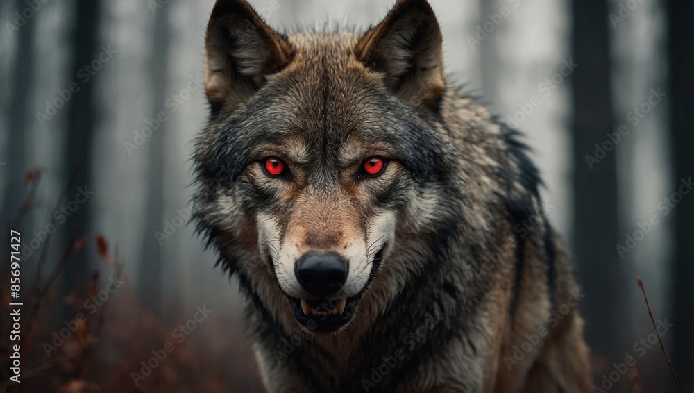 the face of a devilish wolf with red eyes and an evil grin. close-up the face of a devilish wolf with red eyes and an evil grin. close-up