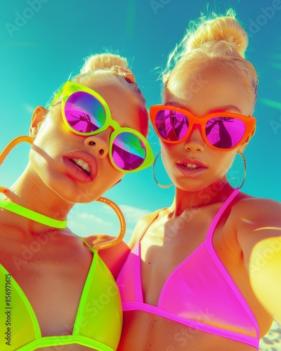 A lively image showcasing two women basking under the sun at a beach, dressed in neon green and pink swimsuits, embodying the essence of summer fun and carefree enjoyment with a crystal-clear sky.