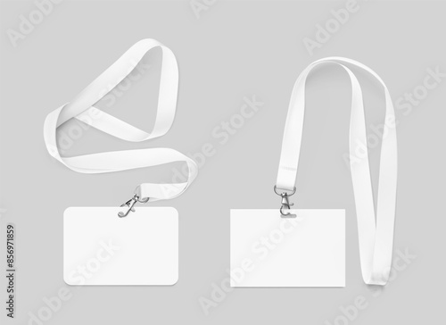 Set of lanyards with id card. Vector illustration isolated on grey background. Ready mockup to use for for presentations, conferences and other business situations. EPS10.