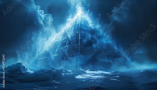 Mysterious Illuminated Pyramid Emerging from Ocean with Dramatic Clouds and Blue Light