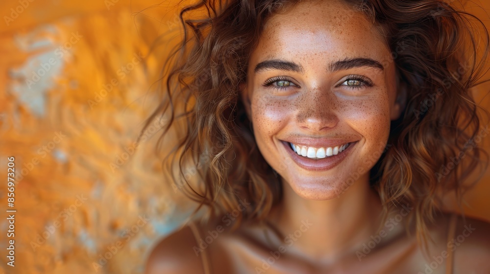 A woman with beautiful curly hair, smiling brightly against a vibrant orange wall, exuding joy, positivity, and natural beauty in a lively and colorful setting. A woman with beautiful curly hair, smiling brightly against a vibrant orange wall, exuding joy, positivity, and natural beauty in a lively and colorful setting.