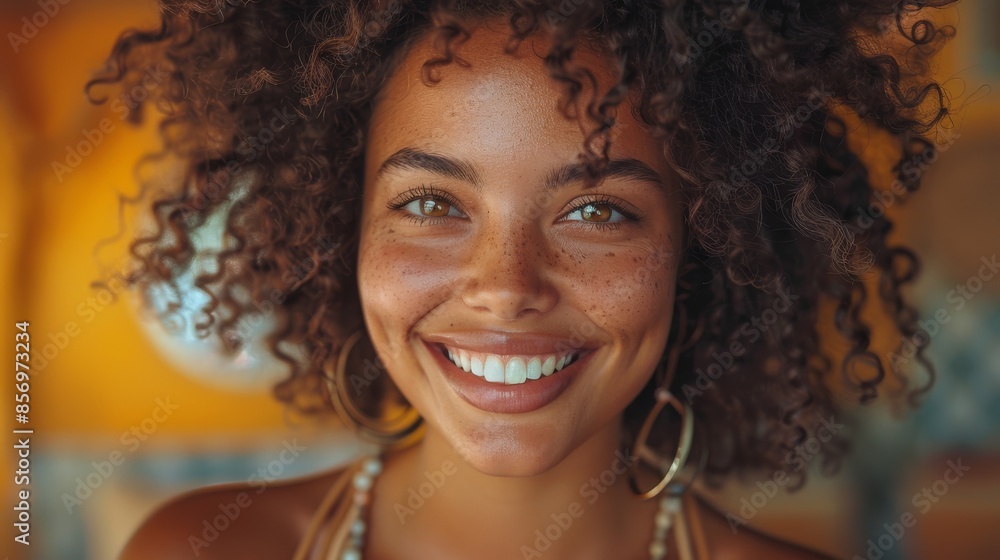 A woman with curly hair and freckles smiles brightly against a sunny backdrop, radiating warmth and happiness as she wears hoop earrings and an open necklace. A woman with curly hair and freckles smiles brightly against a sunny backdrop, radiating warmth and happiness as she wears hoop earrings and an open necklace.