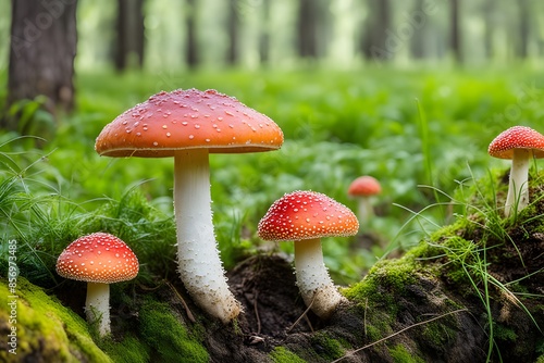 red mushrooms in forest  © RORON