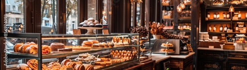 Inviting French patisserie with a vintage storefront, a glass display case brimming with artisanal pastries, creating a warm and cozy ambiance