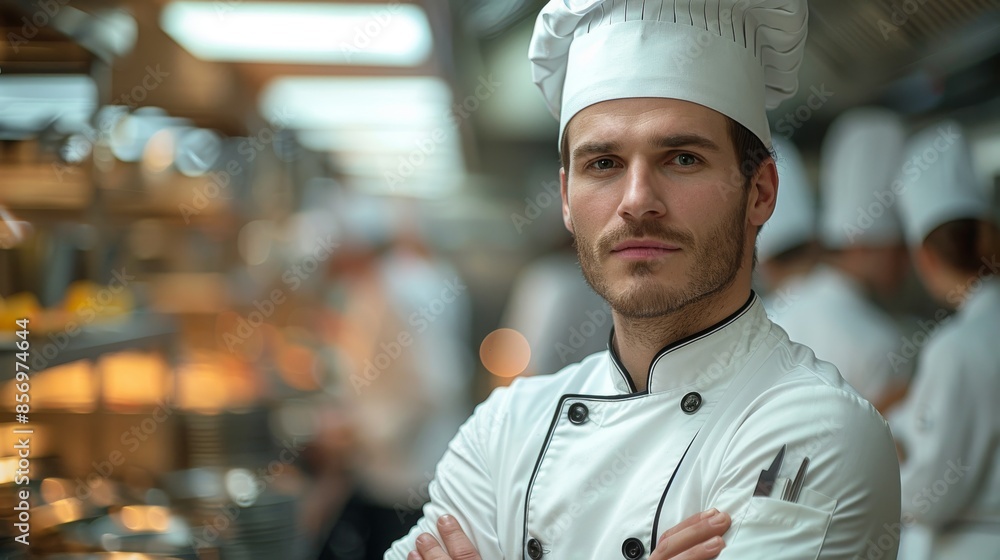 A chef wearing a white uniform and hat, confidently standing with arms crossed in a bustling kitchen setting, representing professionalism and culinary expertise. A chef wearing a white uniform and hat, confidently standing with arms crossed in a bustling kitchen setting, representing professionalism and culinary expertise.