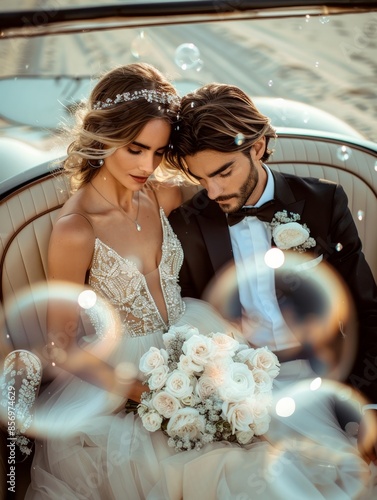 A beautifully adorned couple, bride in jeweled gown and groom in suit, share a tender moment in a vintage open-top car, holding a bouquet of white roses against a romantic backdrop. photo