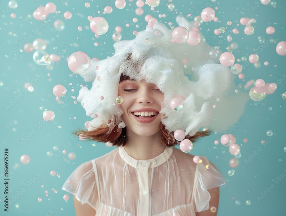 Fototapeta premium A happy woman with foam and bubbles on her head, smiling against a light blue background, portraying a sense of joy, whimsy, and playfulness.