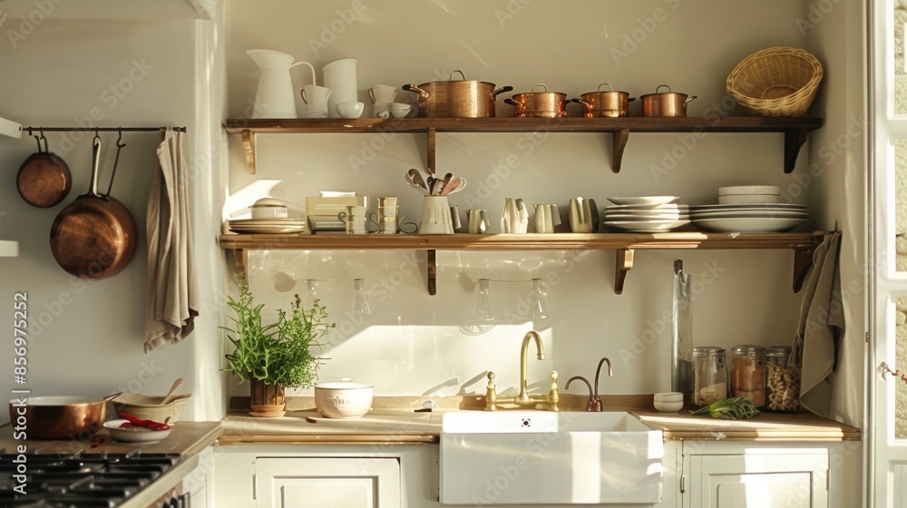 Inviting kitchen with open shelving, copper pots, and a farmhouse sink, exuding the charm and warmth of a French country home Inviting kitchen with open shelving, copper pots, and a farmhouse sink, exuding the charm and warmth of a French country home